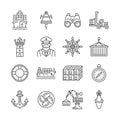 Sea port line vector icon set. Shipping industry collection with ship, captain, container, bell, anchor, crane, reach stacker,