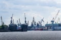 Many cranes and ships on the dock Royalty Free Stock Photo