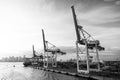 Sea port, terminal or dock. Maritime container port with cargo ship, cranes. Freight, shipping, delivery, logistics