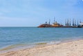 Sea port view. Ships at the pier of Azov Sea, Ukraine, seascape, nature background, copy space Royalty Free Stock Photo