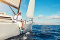 Sea, portrait and mature couple on a yacht for adventure, holiday freedom and sailing trip. Travel, summer and man and Royalty Free Stock Photo