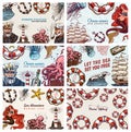 Sea Posters set. Nautical banners or backgrounds. Lighthouse, mermaid and marine captain, octopus and shipping sail, old