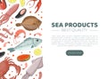 Sea products web banner. Fresh seafood, fish market, restaurant, shop landing page vector illustration Royalty Free Stock Photo