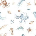 Sea reptiles, squid, octopus, crab, jellyfish, shells, sea stars watercolor seamless pattern