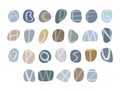 Sea river stones alphabet. Pattern on pebbles in form of letters. Different coloured shapes on white background. Flat