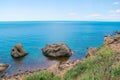 Sea and rocks amazing horizontal landscape. Colorful background, travelling concept. Royalty Free Stock Photo