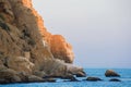 Sea and rocks landscape at Cape Meganom, the east coast of the peninsula of Crimea. Colorful background. Travelling concept. Copy Royalty Free Stock Photo