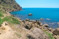 Sea and rocks landscape at Cape Meganom, the east coast of the peninsula of Crimea. Colorful background. Travelling concept. Copy Royalty Free Stock Photo