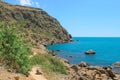 Sea and rocks landscape at Cape Meganom, the east coast of the peninsula of Crimea. Colorful background. Travelling concept. Copy