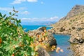 Sea and rocks landscape at Cape Meganom, the east coast of the peninsula of Crimea. Colorful background. Travelling concept. Copy Royalty Free Stock Photo