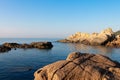 Sea and rocks. Morning seascape in Spain, Costa Brava. Blue sea and clear sky. Sea landscape of mediterranean coast