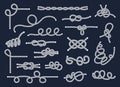 Sea rope knots and loops set. Marine rope and sailors ship knot, cord sailor borders, knot sail, package rope, looped string Royalty Free Stock Photo