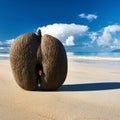 Sea's coconuts (coco de mer) on beach at Seychelles Royalty Free Stock Photo