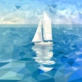 Sea, sailboat yacht with white sails, blue waves, white foam, blue sky, beautiful seascape, polygonal