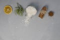 Sea salt for bath, bath bomb and body oil with cinnamon, orange and spices