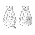 Sea Salt and Black Pepper Shakers Engraved Illustration. Hand drawn glass jars cooking spices vector sketch in vintage Royalty Free Stock Photo