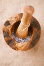 Sea salt and black peppercorns in the mortar with pestle