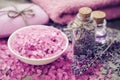 Sea Salt, Dry Lavender, Essential Oil And Lavender Flowers
