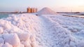 Sea salt farm. Pile of brine salt. Raw material of salt industrial. White salt harvesting. Agriculture industry.