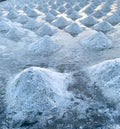 Sea salt farm at Samut Sakhon, Thailand. Organic sea salt. Evaporation and crystallization of sea water. Raw material of salt