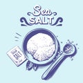 Sea salt. Hand drawn salting crystals, sodium spice ingredient. Himalayan salt, spoon with powder, seasoning salt
