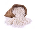 Sea salt in jute sack on white background