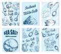 Sea salt posters and banners. Vintage labels. Octopus and squid, wooden spoons, powdered powder, spice in the hand