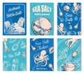 Sea salt posters and banners. Vintage labels. Octopus and squid, wooden spoons, powdered powder, spice in the hand