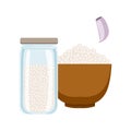 Sea salt in a wooden bowl and glass jar. Colorful cartoon illustration