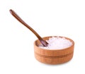 Sea salt in a wooden cup and spoon. Royalty Free Stock Photo