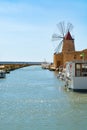 Salt mills are seen in suburbs of Marsala, Sicily, Italy.