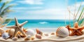 Sea sand beach with seashells starfish suncare mockup templat.generative ai.