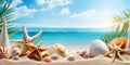 Sea sand beach with seashells starfish suncare mockup templat.generative ai.