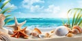 Sea sand beach with seashells starfish suncare mockup templat.generative ai.