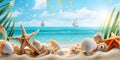 Sea sand beach with seashells starfish suncare mockup templat.generative ai.