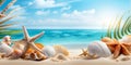 Sea sand beach with seashells starfish suncare mockup templat.generative ai.