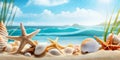 Sea sand beach with seashells starfish suncare mockup templat.generative ai.