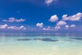 Sea sand sky concept. Beach shore, coast idyllic summer background. Tranquil landscape, sunny waves Royalty Free Stock Photo