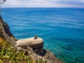 The sea and sandy beach Spiaggia di Fegina at the Cinque Terre Italy resort village of Monterosso Royalty Free Stock Photo