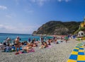 The sea and sandy beach Spiaggia di Fegina at the Cinque Terre Italy resort village of Monterosso Royalty Free Stock Photo