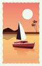 Sea scape flat scene with palms and sailboat