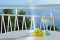 Sea scenery with glass of white wine with grapes at the terrace in Croatia