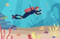 Sea scuba diving. Man swims underwater. Character dives with goggles and aqualung. Undersea swimming in tropical ocean