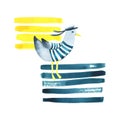 A sea seagull in a vest and a sailor cap against a background of blue and yellow stripes. Watercolor illustration Royalty Free Stock Photo