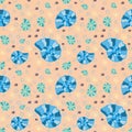 Sea seamless pattern with blue, yellow seashells and bubble on pink speckled background.