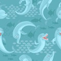 Sea seamless pattern with fishes and dolphins. Vector seamless pattern for print design. Royalty Free Stock Photo