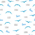 Sea seamless pattern. Watercolor seagulls silhouettes
