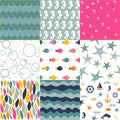 Sea seamless patterns, nautical design, marine elements Royalty Free Stock Photo