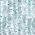 Sea. Seamless vector pattern with underwater plants,  sea creatures on blue watercolor background. Perfect for design templates, Royalty Free Stock Photo