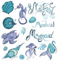 Sea set - little mermaid, fishes, sea animals and starfish, vector collection.